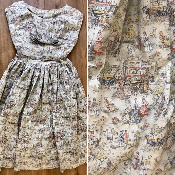 Vintage 1950s Novelty Print Victorian Day Dress