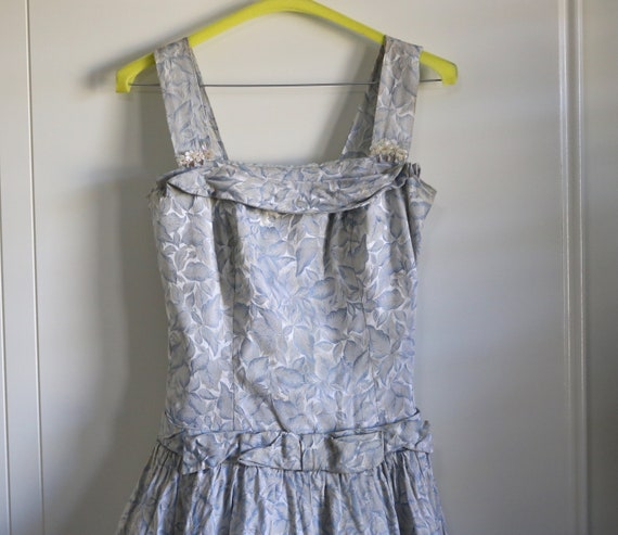 Vintage 1950s pale blue tapestry evening gown