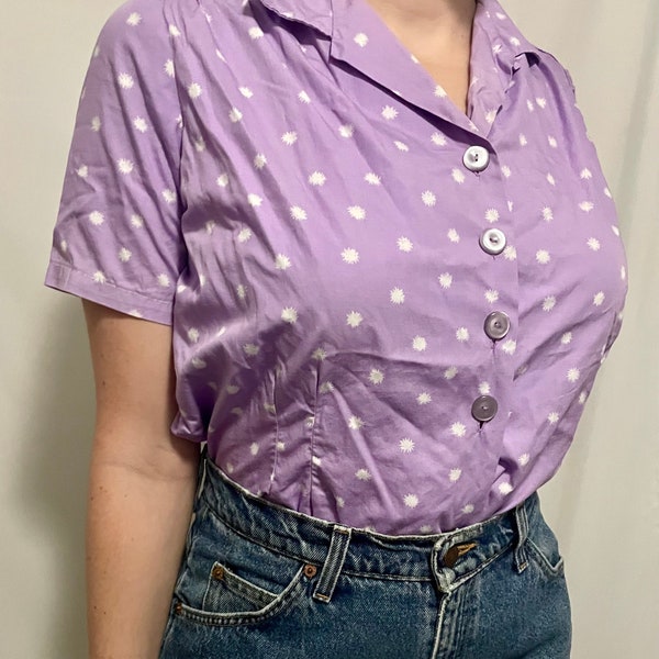 Vintage 40s novelty print cotton blouse purple land girl star print
