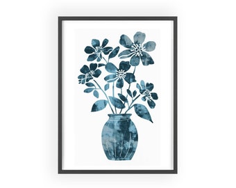 Blaue Blumen Poster mit Holzrahmen