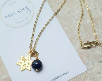 The Moon and the Stars Gold Charm Necklace, Handmade Semi-precious gemstone, 18" chain. Gift for friend/wife/girlfriend/Christmas Gift Idea