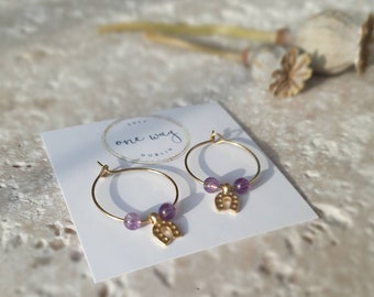 Lucky Horseshoe Gem charm hoop earrings. Brass with semi-precious stone. Handmade. mix match. Boho style Hoop earrings