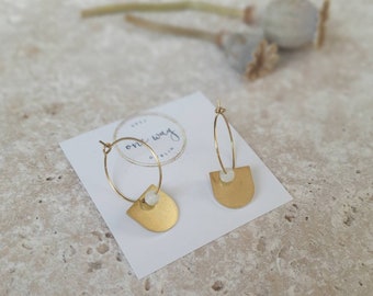 Geometric Disc and Gem charm hoop earrings, Brass with semi-precious stone. Handmade. mix match, boho style earrings. Gift idea