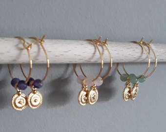 Vintage Disc and Gem charm hoop earrings, Gold with semi-precious stone. Handmade. mix match. Christmas, gift