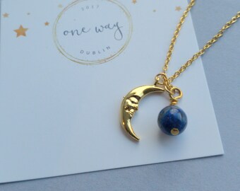 Man on the Moon Gold Charm, Semi-precious gemstone Necklace. 18" chain. Handmade in Dublin. Gift Idea