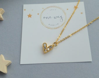 Mini Love Heart Zircon Charm Necklace. 24K Gold, 18" Chain, Handmade in Dublin. Minimal Style