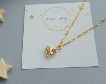 Mini Love Heart Zircon Charm Necklace. 24K Gold, 18" Chain, Handmade in Dublin. Minimal Style