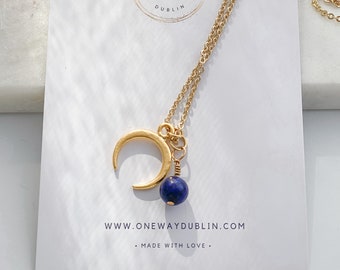 Crescent Moon Gold Charm, Semi-precious gemstone Necklace. 18" chain. Handmade in Dublin. Christmas Gift Idea