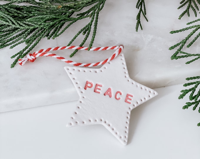 Featured listing image: Handmade clay Star decoration, tag. Minimal Christmas decoration/gift tag/keepsake. Nollaig, Grá, Gaeilge. White and Red.