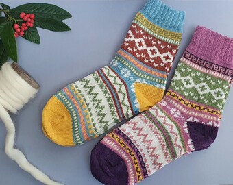 Multi Pattern Fair Isle Cotton Blend Socks. Warm, Cozy, colourful unisex socks. Size 4-6/EU 37-39/US 5.5-8. Gift idea