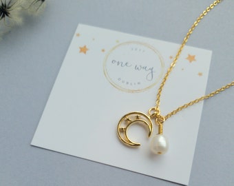 Lucky Crescent Moon Gold Pearl Charm, Semi-precious gemstone Necklace. 18" chain. Handmade in Dublin