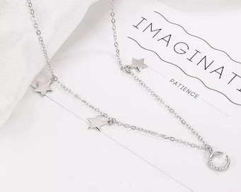 Zircon Moon and Lucky Stars Charm Necklace - 925 Sterling Silver. Cosmic necklace