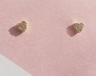 Mini Golden Heart • 18K Gold Dainty Zircon Heart Stud Earrings. Gift/friend/girl/wife/girlfriend/mother/Love/Valentines