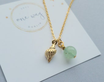 Seashell Charm, Semi-precious gemstone 24K Gold Necklace. 18" chain. Handmade in Dublin.