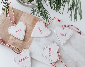 Minimal Handmade Scandi style Heart Christmas decorations - Peace, Joy, Noel, Wish, Grá. White and Red. Gaelic Irish gift
