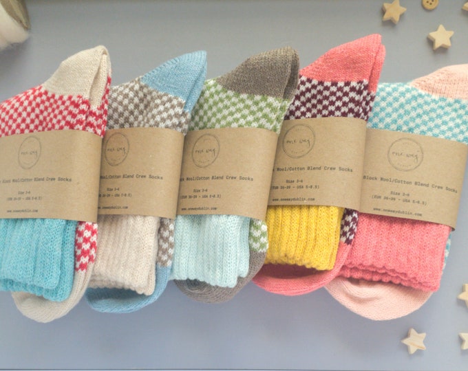Featured listing image: Colour Block Wool/Cotton Blend Cozy House Lounge Socks. Unisex, Size 4-6/EU 37-39/US 5.5-8, Gift Idea