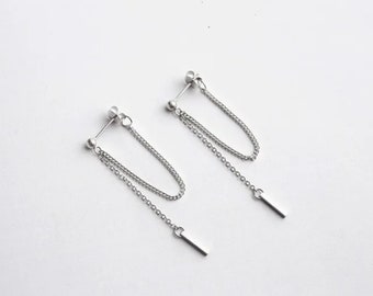 Drop Chain Earrings. 925 Sterling Silver Studs. Ideal layering stud style, minimal gift idea.
