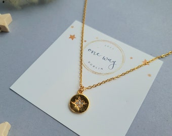 Starlight Zircon North Star Charm Disc Necklace. 18" chain. 24K Gold plated delicate chain, Handmade in Ireland. Gift, for her.