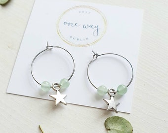 Magic Star and Gem charm hoop earrings, Silver with Adventurine semi-precious stone. Handmade. mix match. Boho, gift