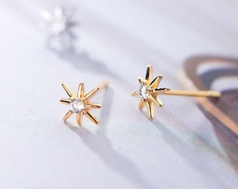 Starburst Zircon Stars • Gold Plated 925 Sterling Silver Stud Earrings. Gift/friend/wife/girlfriend/mother/love