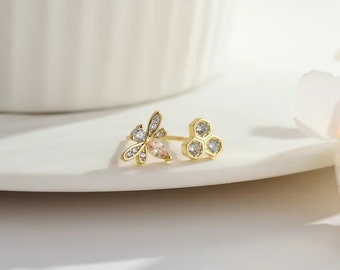 Zircon Bee and Honeycomb  • 925 Sterling Silver Gold Plated Stud Earring. Mix Match, minimal stud earrings