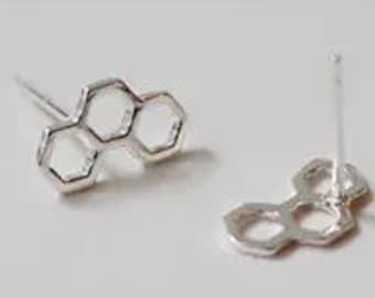 Honeycomb Hexagon Stud Earrings. 925 Sterling Silver. Bee Honeycomb style