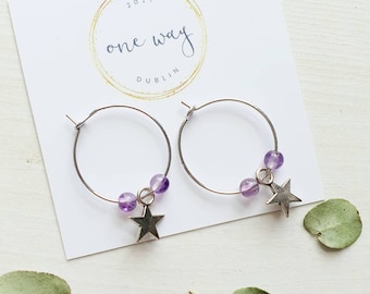 Magic Star and Gem charm hoop earrings, Silver plated with purple Amethyst semi-precious stone. Handmade. mix match. Boho, gift