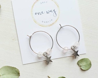 Magic Star and Gem charm hoop earrings, Silver with Rose Quartz. Handmade. Gift for her/friend/Mother/Girl/Wife/Friendship