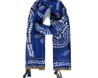 Azure Blue Batik style printed Summer scarf. Lighweight boho scarf, wrap.