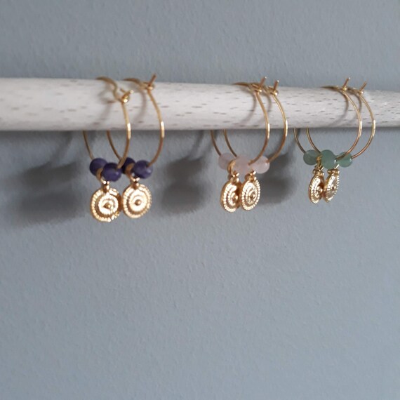 Vintage Disc and Gem charm hoop earrings, Gold with semi-precious  mix Ideal handmade jewellery gift