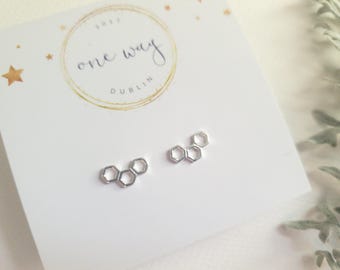 Honeycomb Hexagon Stud Earrings. 925 Sterling Silver. Bee Honeycomb style, layering mix match earring. Gift for her