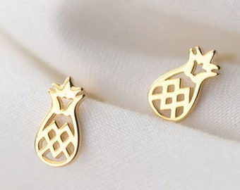 Mini Pineapple fruit stud earrings. 925 Sterling Silver, Gold Plated. Fruit earrings