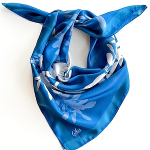 Marine Night- Large square twill silk scarf in blue and white