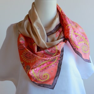 Decadent Saffron hand painted silk scarf with paisley design. Long silk scarf with paisley motif