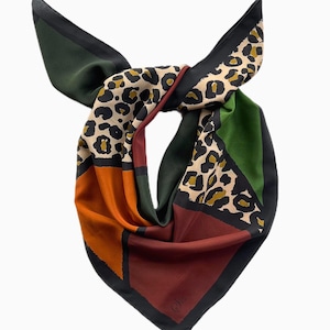 Forest Rosettes leopard print large square silk scarf. Silk scarf top