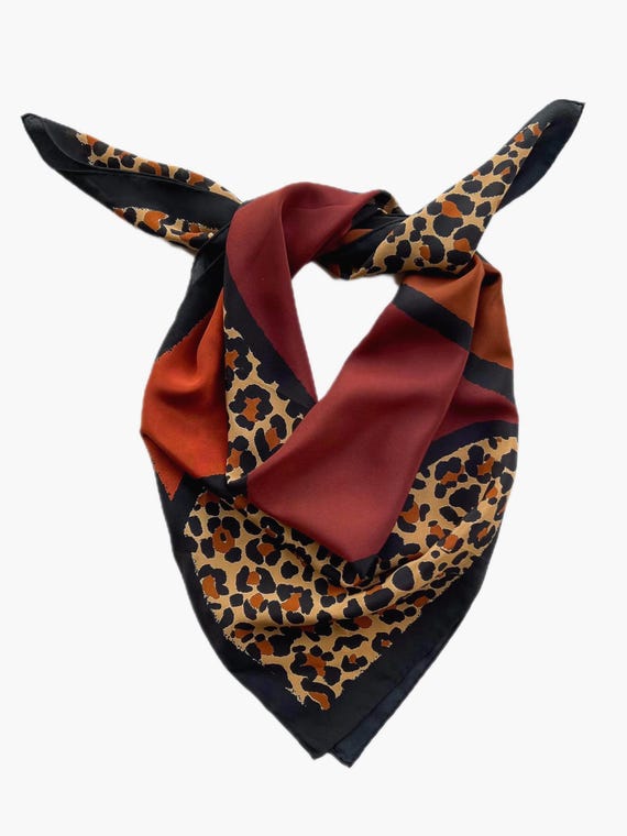 Leopard Print Silk Scarf, Burnt Orange Square Scarf, 90x90cm  display picture 2