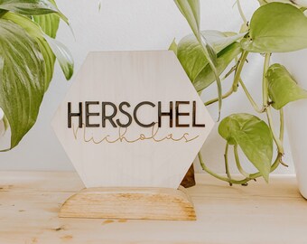 Baby Name sign | Wood Baby name sign | Hexagon Name sign | Newborn Announcement sign | Name Announcement Acrylic & Wood | Engraved sign 3D