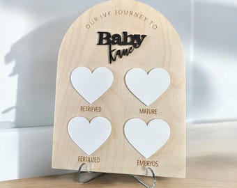 May include: A wooden arch-shaped sign with the text "Our IVF Journey to Baby Kane" and four white heart-shaped spaces with the text "Retrieved", "Mature", "Fertilized", and "Embryos" below each heart.