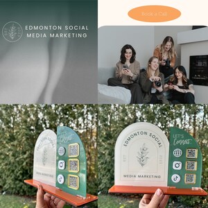 Peut inclure: Une plaque de r&eacute;compense verte et blanche avec le texte "Edmonton Social Media Marketing" et "Let's Connect" avec un design de plante stylis&eacute;. La plaque est sur une base rouge.