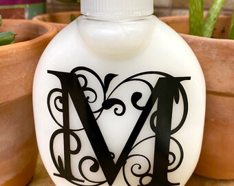 Eco friendly, unbreakable, refillable, soap dispenser, great friend gift,  personalize a Fancy letter Monogram Letter,  permanent vinyl