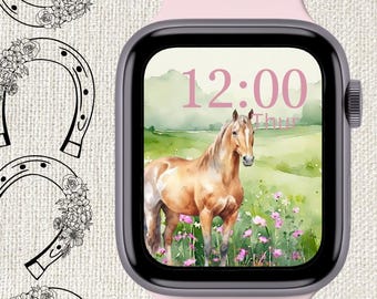 Apple Watch face wallpaper WATERCOLOR HORSE flowers digital instant download png file