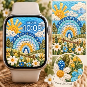 Op de afbeelding: Een smartwatch met een lichtgekleurde band en een digitaal display dat de tijd 10:09 en de datum WED 25 weergeeft. Het scherm toont een doorgestikt grafisch ontwerp met een gele zon, een blauwe regenboog, groene heuvels en bloemen.
