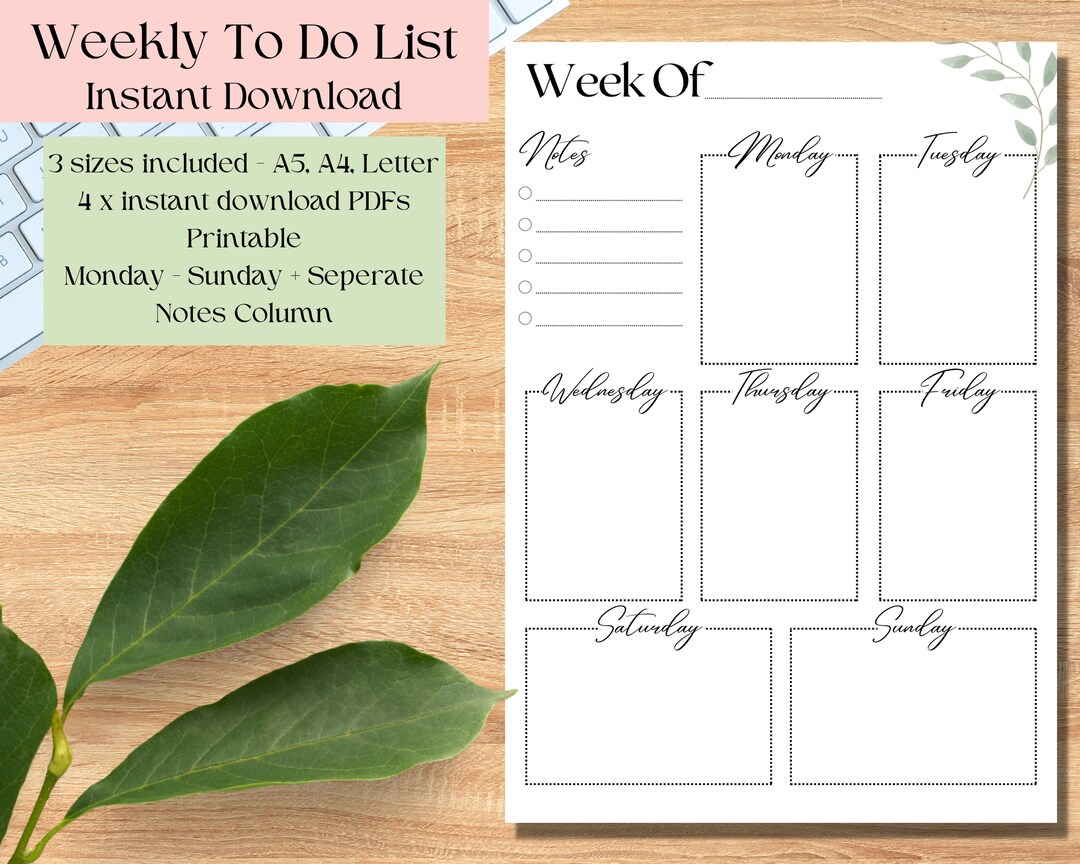 Weekly Planner Printable to Do List Digital Download Minimalist A4 A5 ...