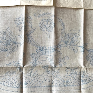 Vintage stamped linen chair backs with a Jacobean crewel work design at one end. X 3 plus 1 that has been started. Measurements 20” x 27”.