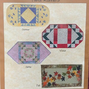 Può includere: Quattro runner da tavolo con diversi temi stagionali: Estate con motivi geometrici gialli e blu, Inverno con tartan rosso e verde, Primavera con motivi floreali rosa e verdi, e Autunno con foglie marroni e arancioni.