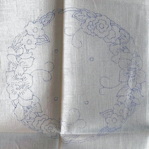 Vintage Stamped Linen Table Runner and Mat Set, Floral Cutwork Embroidery