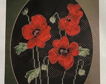 Vintage Poppies Embroidery Kit, Stumpwork Cross Stitch, Black Aida (7x6)