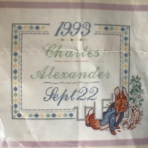 Cross stitch kit, DMC birth record. “Peter Rabbit sampler” is a preowned kit with threads and chart. I will add Aida or linen of your choice
