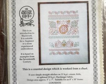 Traditional blackwork sampler kit from The Wessex Collection. Ideal for a beginner with step by step instructions. Design area 5” x 7”.