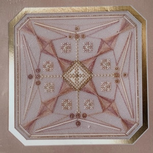 May include: A square, ornate design with a gold border. The central pattern features a diamond shape surrounded by geometric lines and small, square floral patterns. The color palette includes shades of pink, gold, and white.